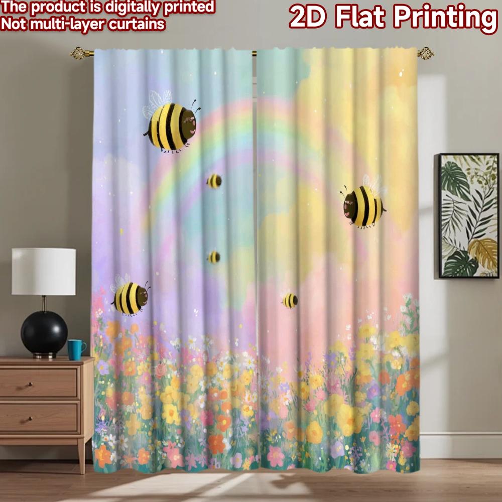 2D Flat Printing 2pcs Curtains Cute Bee Rainbow Flowers Digital Printed Polyester Drapes Family Party Use for New Year and