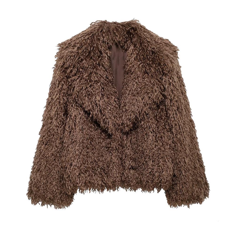 

2024 Vintage Faux Fur Fluffy Lapel Coat for Women - Warm Autumn/Winter Top Large кофейный