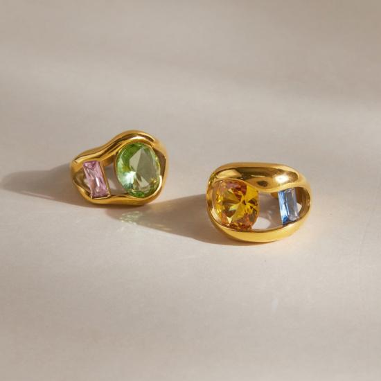 Stainless Steel Colorful Zircon Open Finger Ring for Women Luxury Square Round Crystal Gold Color Rings Daily Fashion Jewelry