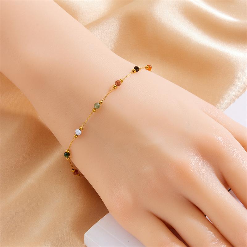 Gold Stainless Steel Natural Colored Beads Bracelet Womens New Style Concise Trend Non-fading Golden Hand Zircon Gift