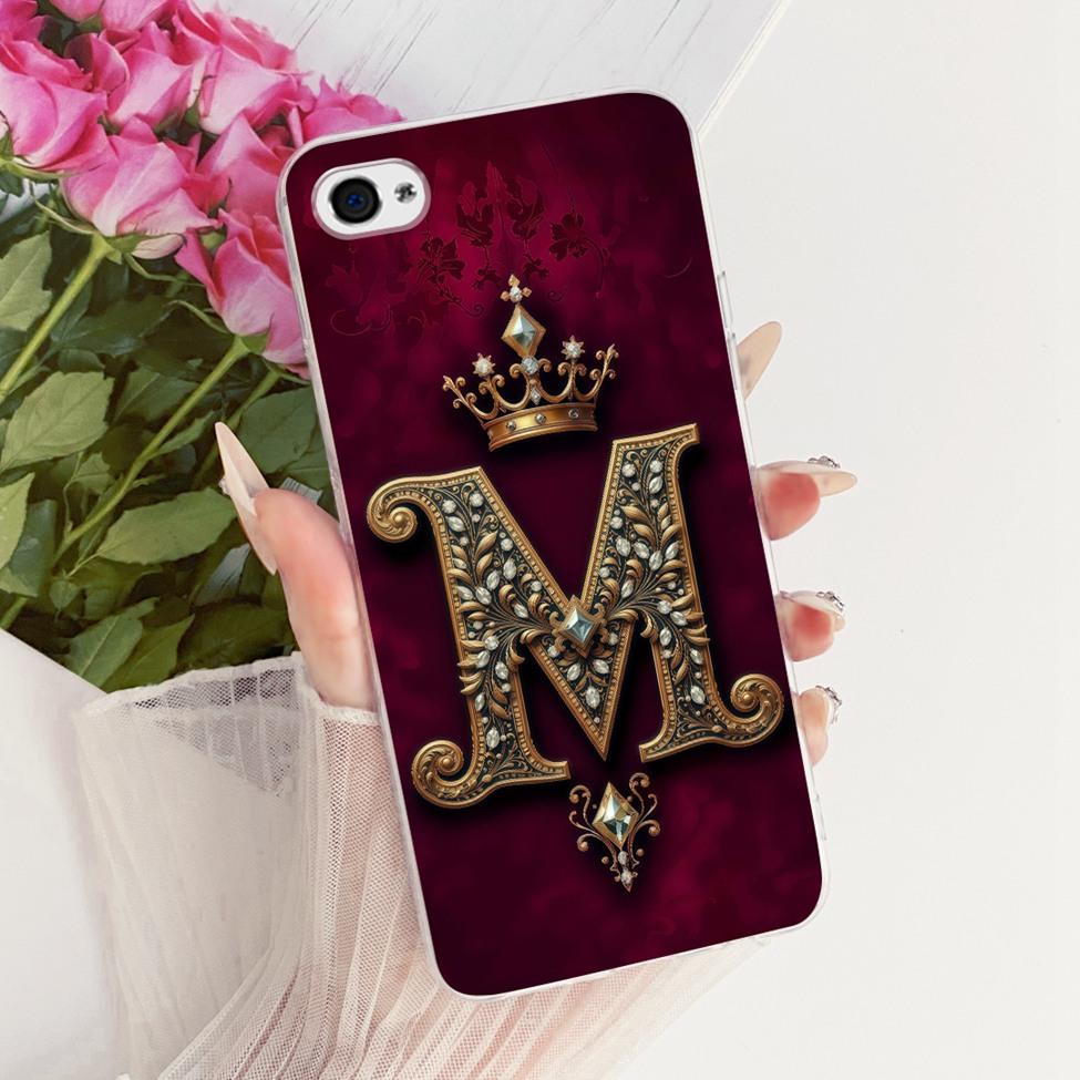 For iPhone 4 Case Transparent Luxury Crown A-Z Letters 2D Flat Pattern Soft Phone Case For iPhone A1349 A1332