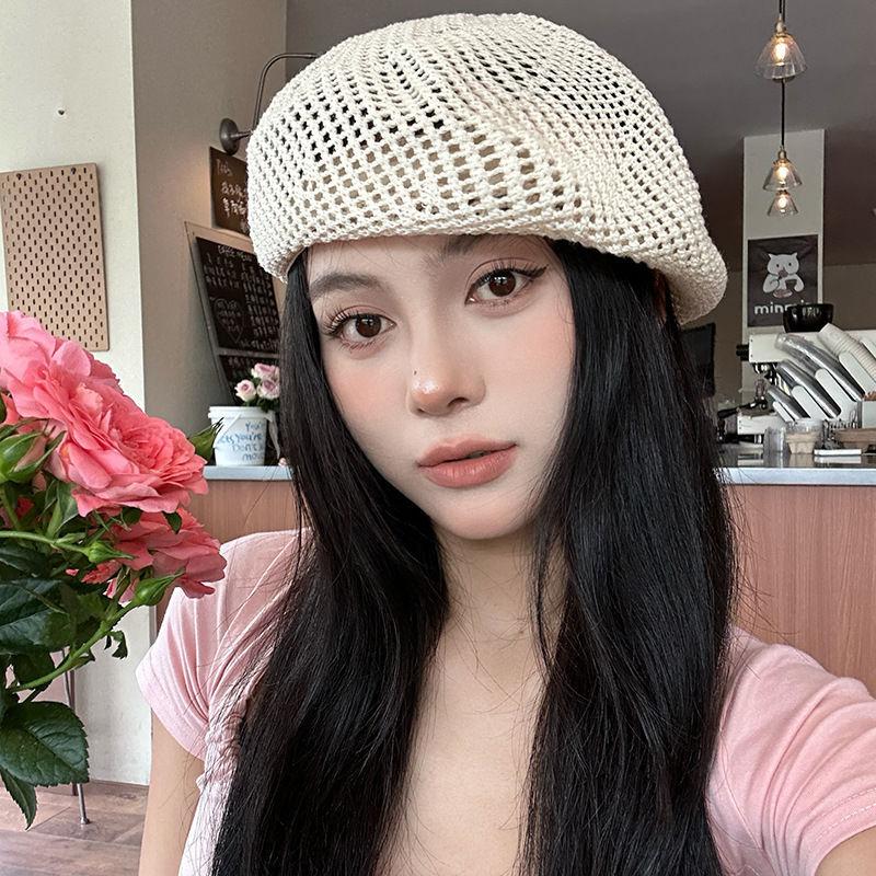 Ricygvm Summer Berets For Women Straw Hat Hollow Breathable Octagonal Cap Fashion Girls Artist Painter Caps Solid Color Bonnet