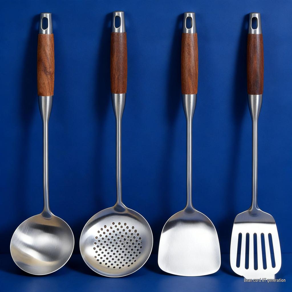 304 Stainless Steel & Wooden Handle Cookware Set: Spatula, Soup Ladle, Wok Spatula, Slotted Spoon, Iron Spatula for Stir-Fry & Frying Pan