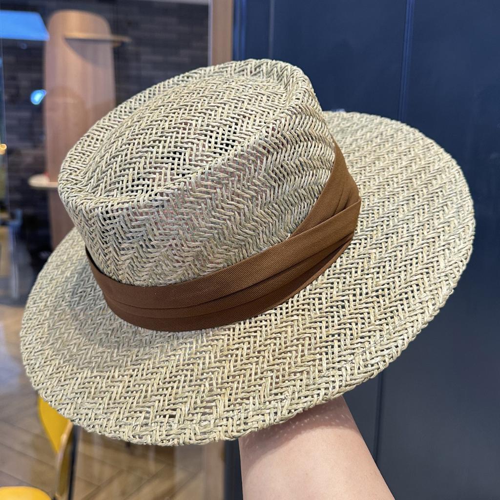 Straw Flat Top Hat Women'S Straw Hat Summer Top Hat British Seaside Vacation Sun Hat Hollow Sun Hat