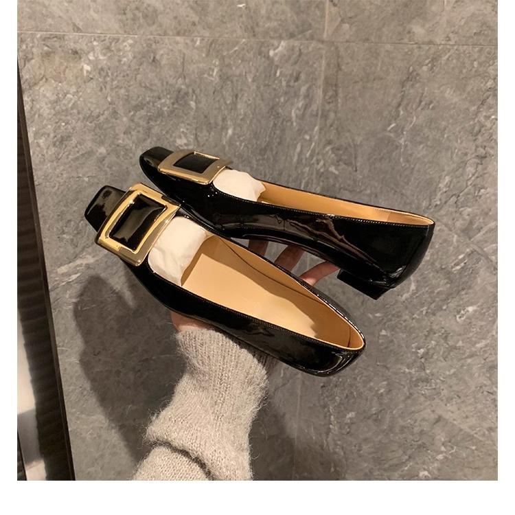 Small thick heel shallow mouth square head flat sole shoes femininity versatile grape mother French elegant metal square buckle high heels