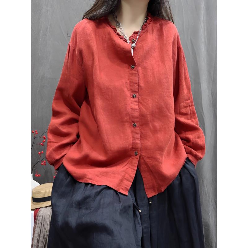 Spring 2025 Washed Cotton Linen Long Sleeve Casual Retro Loose Top