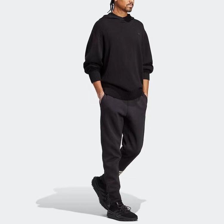 Adidas Originals Trefoil Solid Logo Embroidered Hooded Long Sleeve Knit Sweater Men Tops Black HR8678