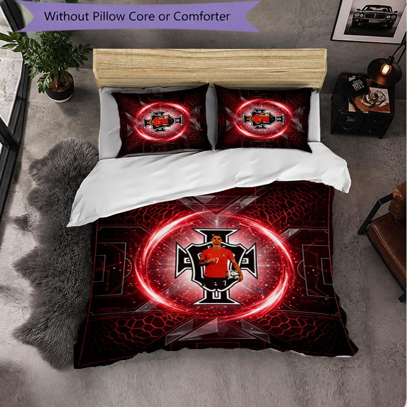 Portugal Football Pattern 3 Pieces Bedding Set Soft Microfiber Duvet Cover with Pillow Cases for Bedroom