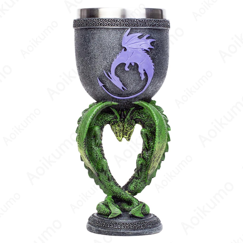 Creative Medieval Dragon Resin Goblet Cup Collection with Stainless Steel Insert Hand Painted Design Wine Goblet for Friend Gift
