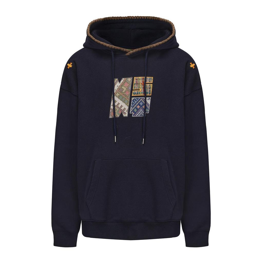 Retro Ethnic Style Men's Fleece-Lined Hooded Sweatshirt with Embroidery