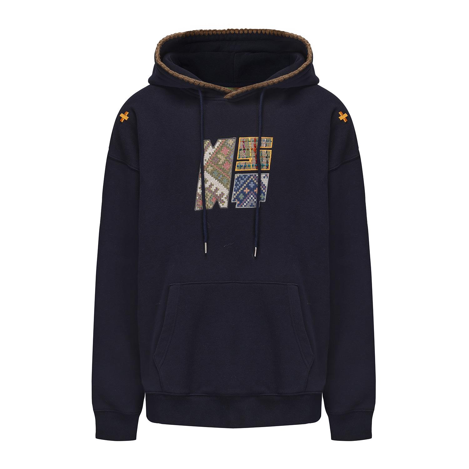 Retro Ethnic Style Men s Fleece-Lined Hooded Sweatshirt with Embroidery XL темно-синий