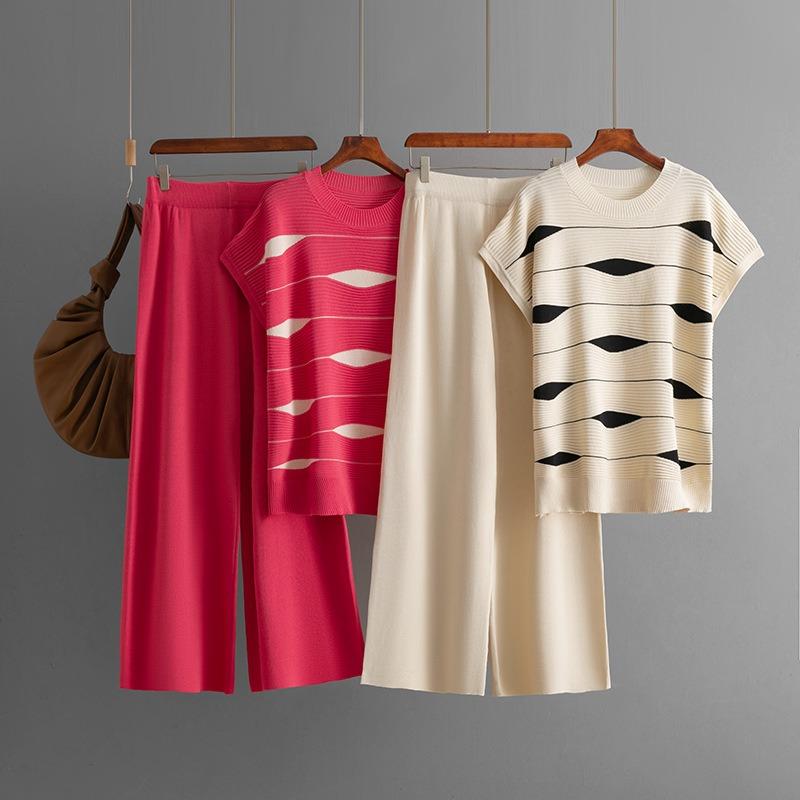 Fashion suit women's summer new striped knitted sweater top + high waist wide leg pants casual two-piece set