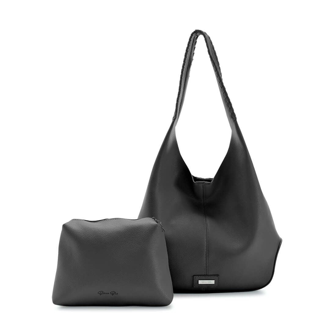 

[Barcos Blue] Faux Leather Large Capacity Hobo Bag with Pouch, Handbag, Tote Bag, Black