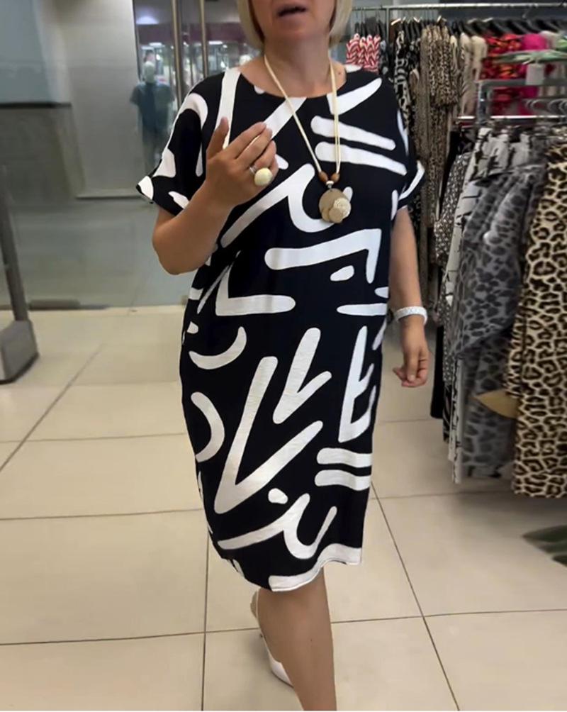 2024 Autumn Women's V-Neck Short-Sleeve Loose Fashion Dress with European and American Prints