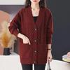 2026 A/W Women's V-neck Knit Cardigan - Mid-length, Solid Color, Loose Fit Sweater Coat