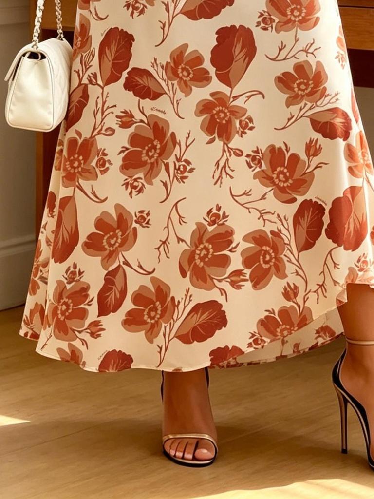 Women's Cream Base Rust Floral Print V-Neck Flutter Sleeve Maxi Dress, High Waist Slim Fit Elegant A-line Workwear for Spring Summer