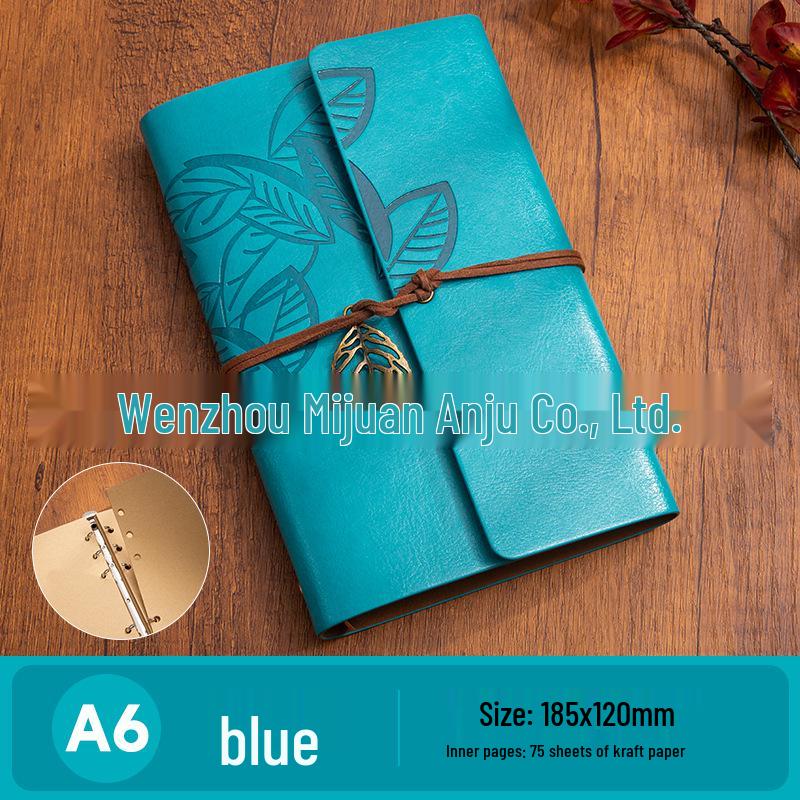 Retro A6 Leather Cover Notebook: Japanese Korean Style Planner & Travel Diary with Leaf Design and Strap.