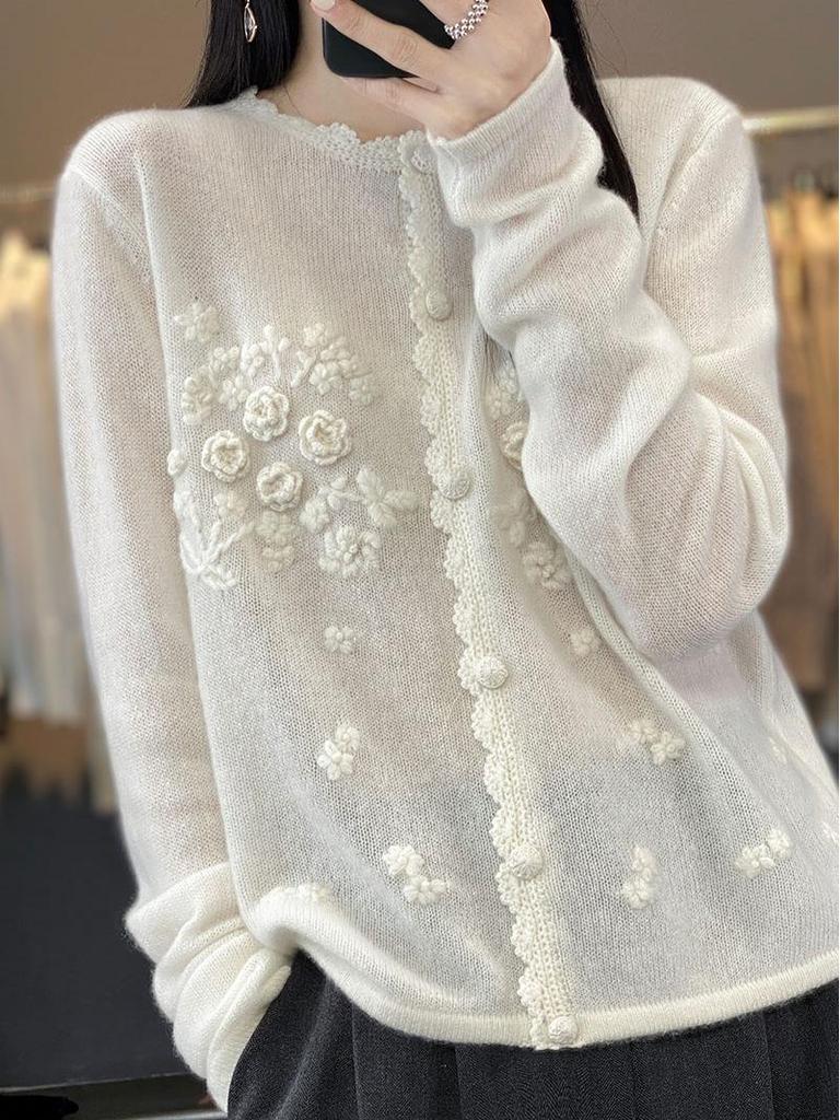 Women's European Round Neck Rose Cashmere Cardigan - Early Spring Heavy Knit Sweater Jacket