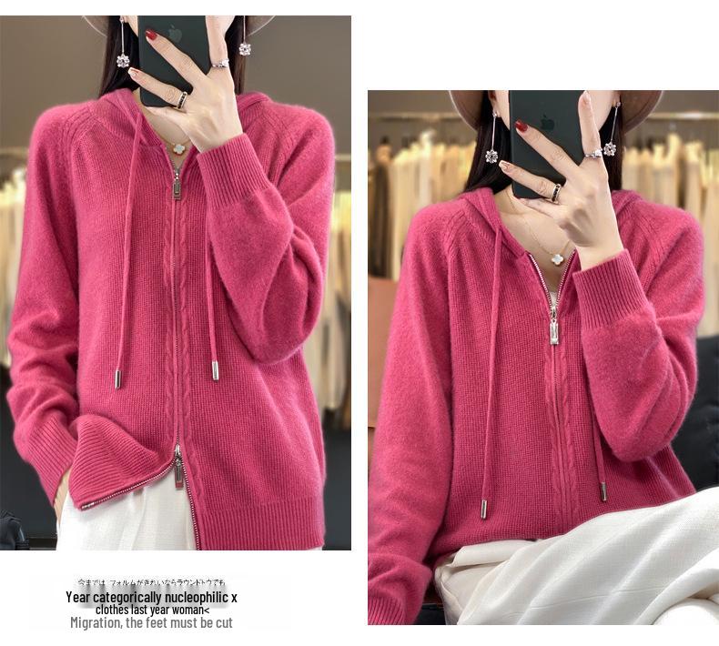 Dámský vlněný svetr podzim 2025 - Jednobarevný, na zip, s kapucí, přiléhavý pletený oděv.