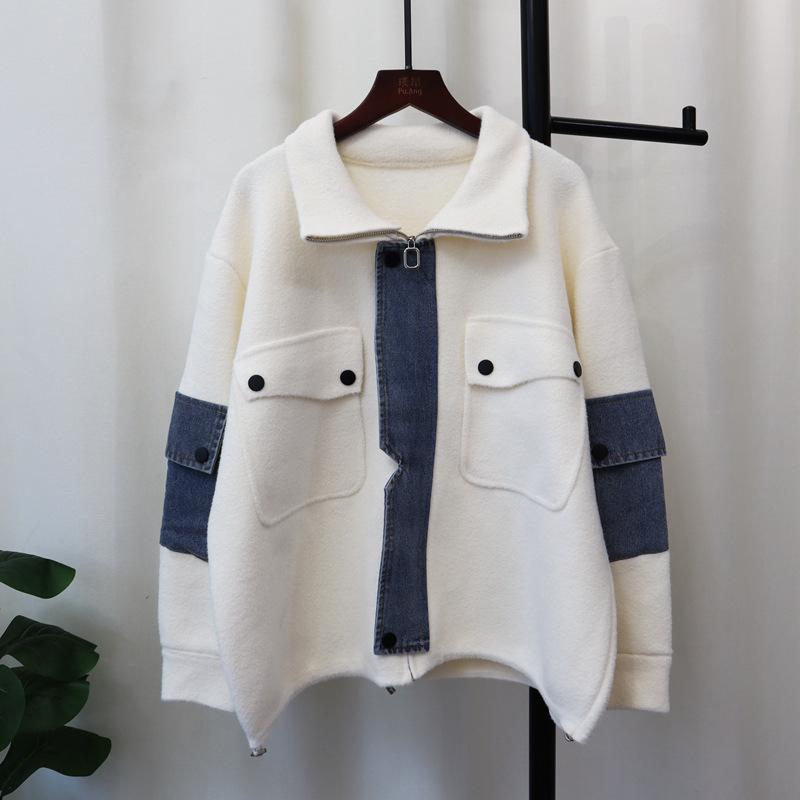 Autumn and winter new zipper denim splicing knitted double-sided woolen cardigan loose casual temperament sweater jacket women