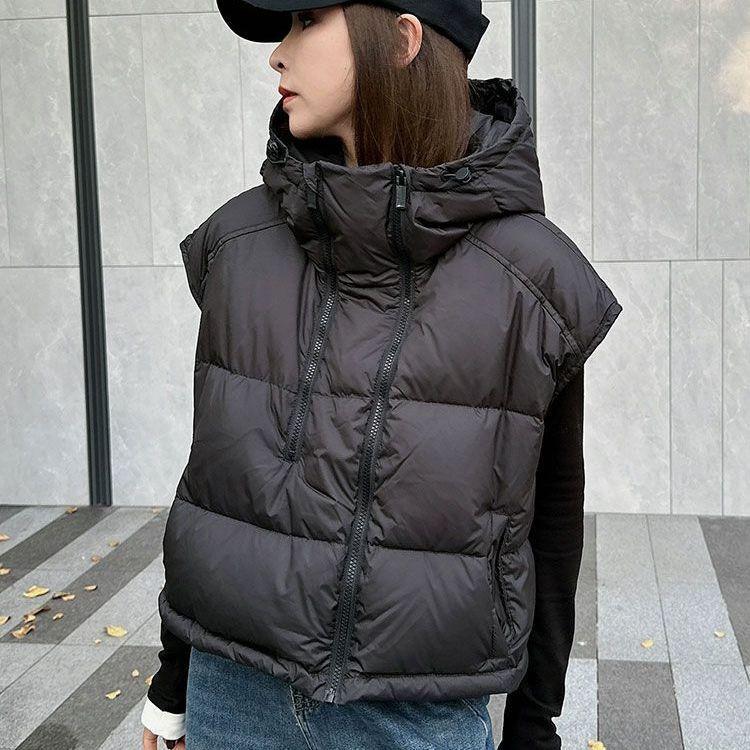 European New Design Double Zipper Hooded Down Cotton Vest Women Autumn and Winter Fashion Foreign Style Vest Women