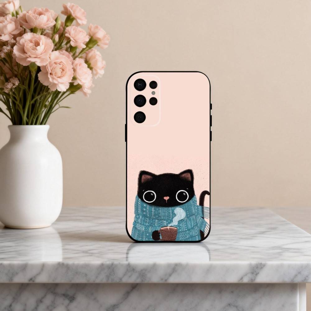 S-Striped C-Coffee Cat Phone Case For Samsung S25,S24,S21,S22,S23,S30,Ultra,S20,Plus,Others Soft Black Cover