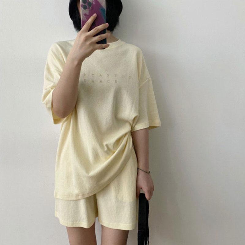 Women's Summer Casual Suit Korean Round Neck Letter Short Sleeve T-shirt Suit Thin Slim Loose Wide-leg Sports Shorts Two-piece Set Fitness Suit
