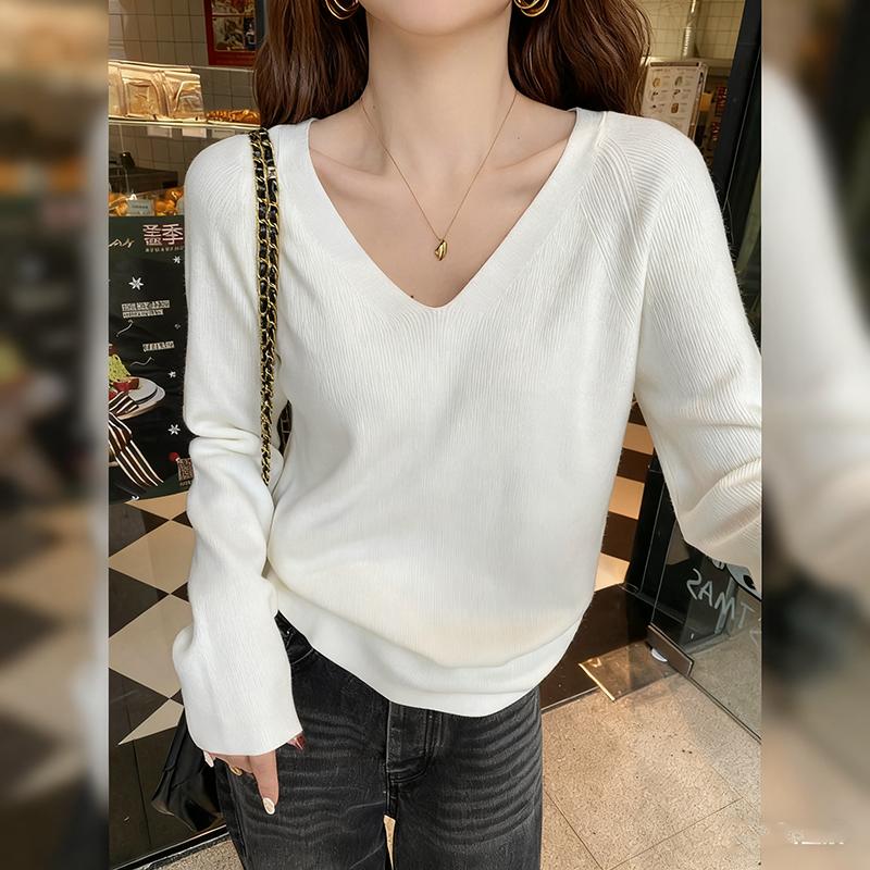 Ladies Autumn Winter Long Sleeve V Neck Loose Basic Solid Color Pullover Knitted T Shirt Top for Layering