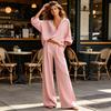 Versatile Casual Women Suit Women's 2 Piece Cotton Linen Set, Long Sleeve V Neck Blouse And Wide Leg Pants Matching Summer Vacation Lounge Outfits