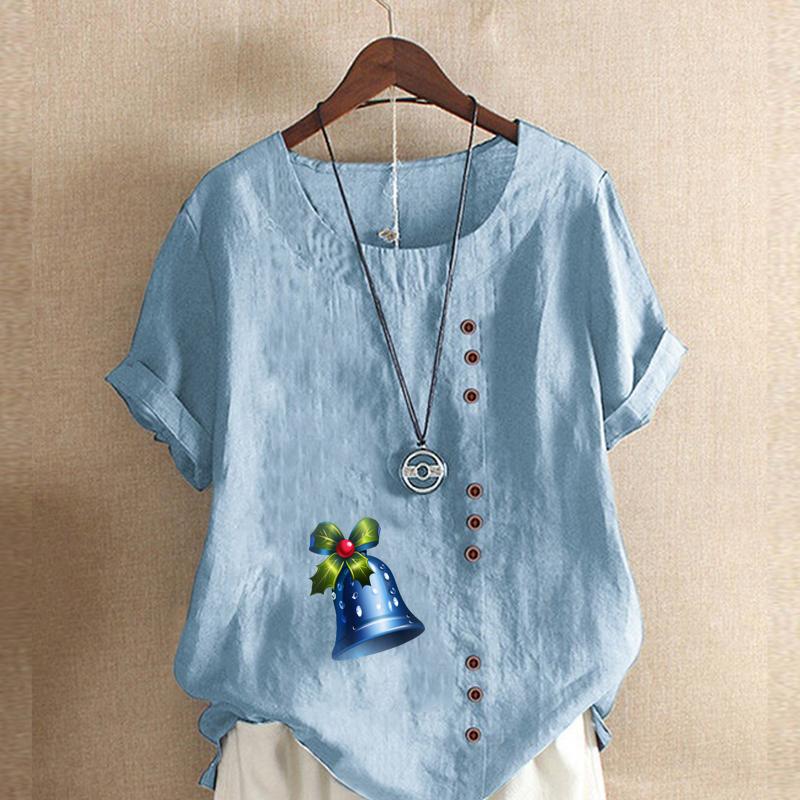 Women's Fashion Small Bell Prined Round Neck Short Sleeve T-shirt Casual Cotton Linen Graphic Shirt Leisure Loose Summer Blouse Tops