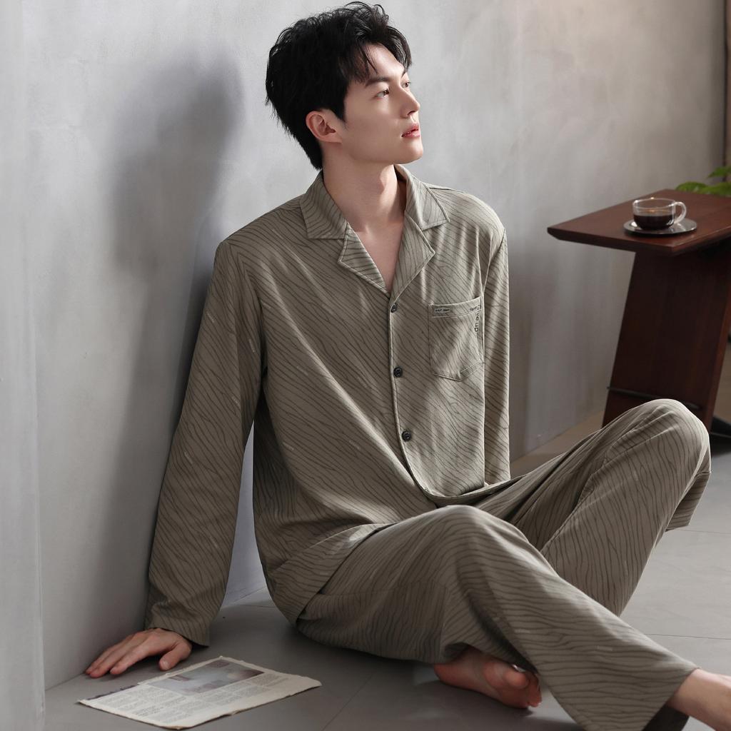Pajamas Men's Spring and Autumn Cotton Long Sleeve 1011 New Dad Men's Autumn Thin Large Size Loungewear Set