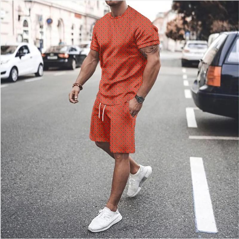 Vacanza estiva Set T-shirt da uomo Stampa 3D Tinta unita Uomo Maglietta a maniche corte Girocollo Pantaloncini Set due pezzi Abiti casual da uomo Abbigliamento