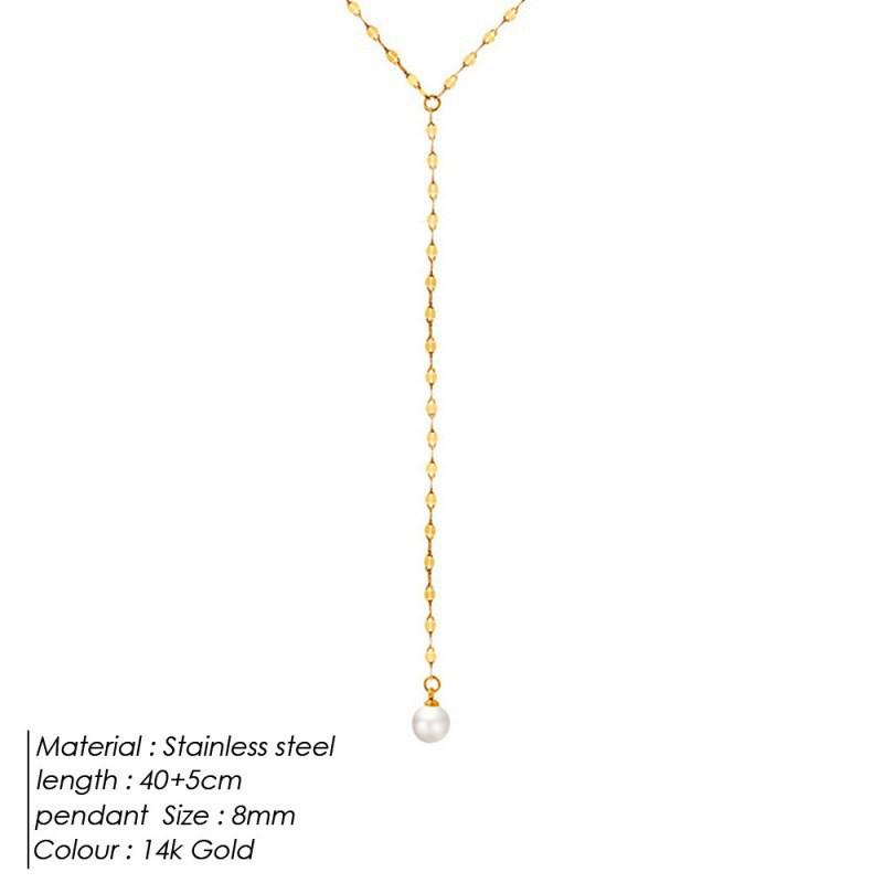 14K Gold Titanium Steel Y-Shaped Necklace with Faux Pearl Pendant - Elegant Women's Clavicle Chain