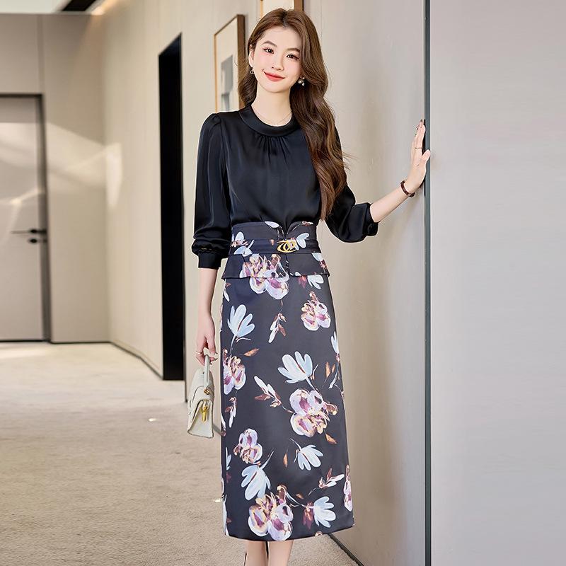 2025 Spring Fashion Slim Fit Long-Sleeve Shirt & Midi Skirt Set