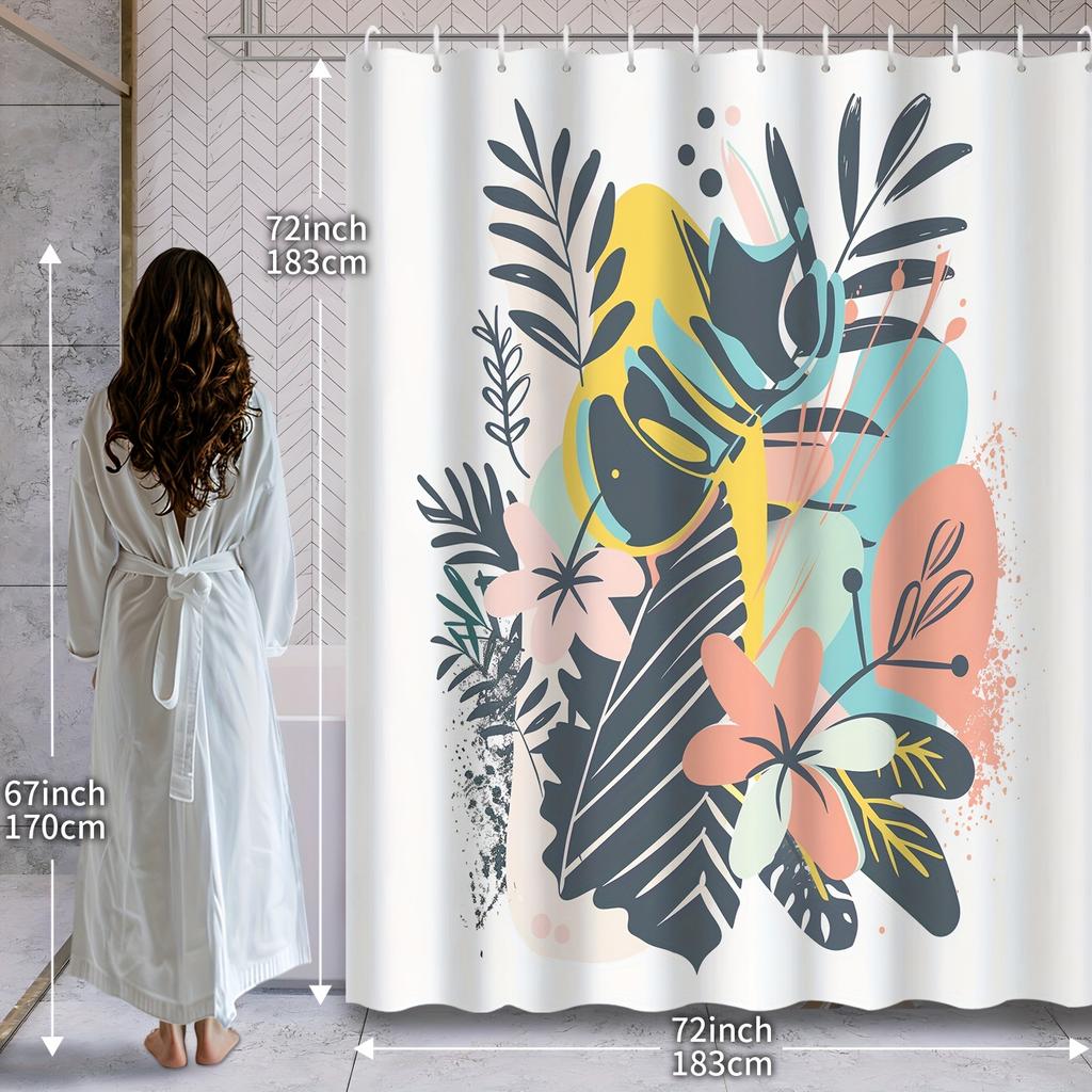 1pc Modern Minimalist Art Floral Printed Shower Curtain, Polyester Fabric with 12 Hooks, Bathroom Accessory