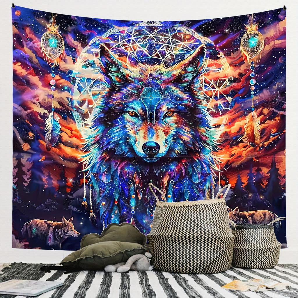VIKAMA Traum Himmel Wolfskopf Traumfänger Wandteppich Kunst Dekoration für Wohnzimmer Sofa Akzentwand Zimmer Ferienwohnung Dekor