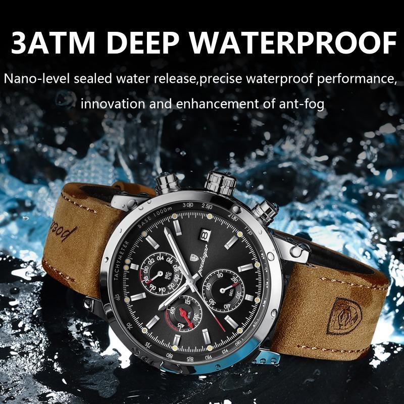 POEDAGAR Functional Luxury Man Wristwatch Date Waterproof Luminous Chronograph Men Watch Male Leather Quartz Watches