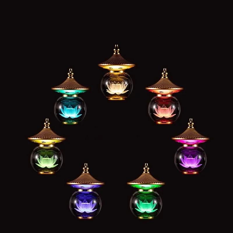 Home Decoration, Alloy Crystal Ball LED Seven Color Lotus Lamp, Buddha Offering Lamp, Meditation, Buddha Tools and Supplies