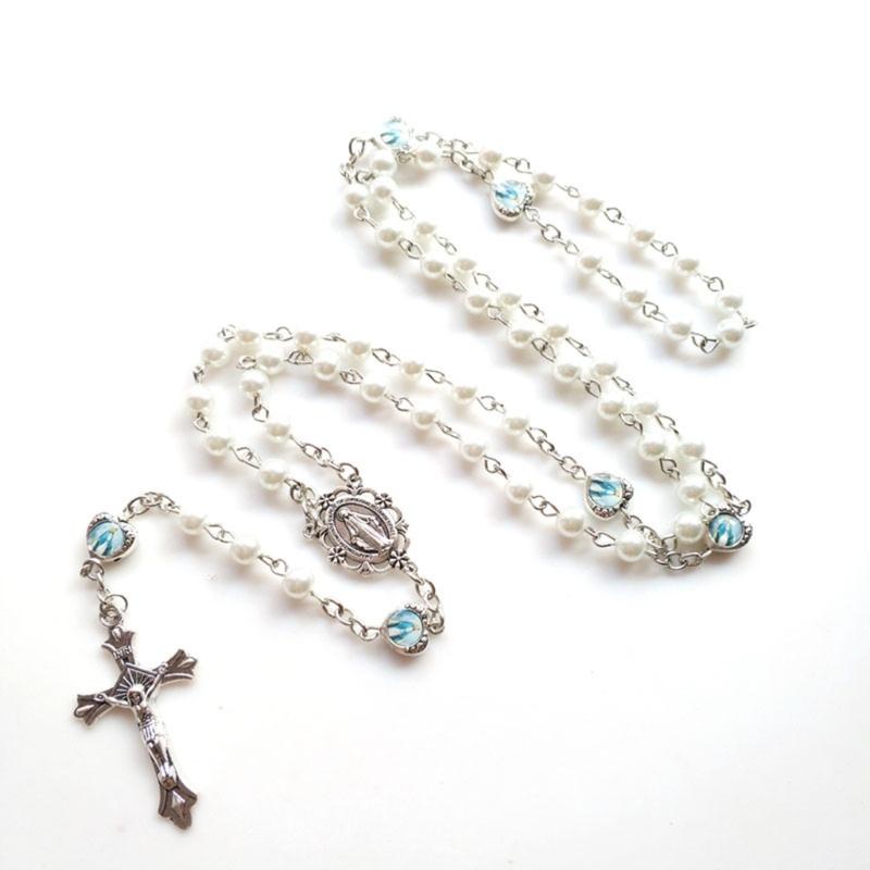 Pink Pearl-Rosary Beads Catholic Necklace Holy Medal-Cross-Christian Long Chain Necklace for Women and Men Jewelry