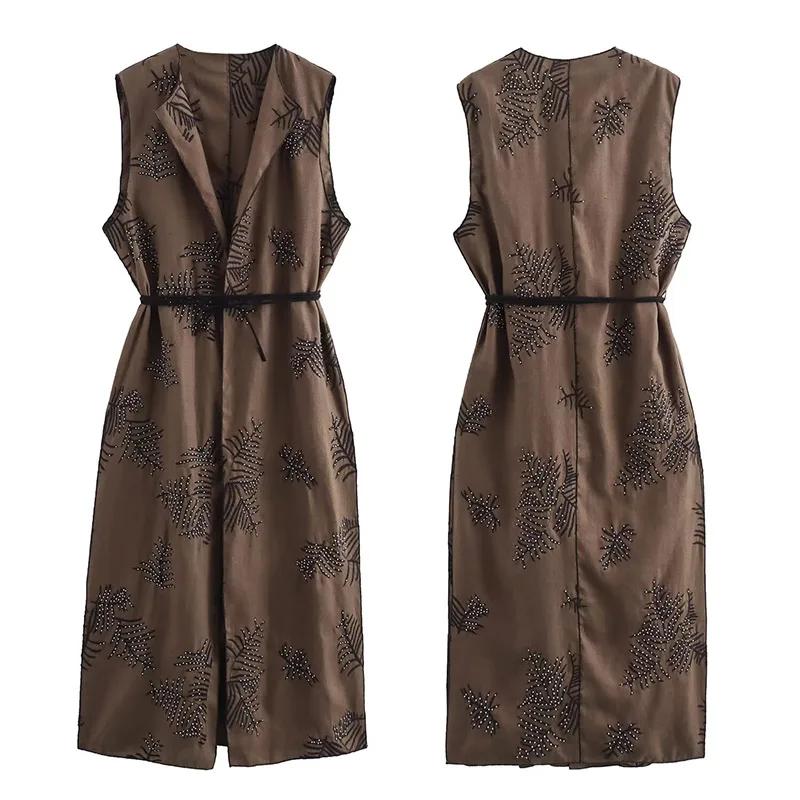 Modny haftowany top damski retro okrągły dekolt bez rękawów pas długi kamizelka lato jesień ulica damskie kamizelki