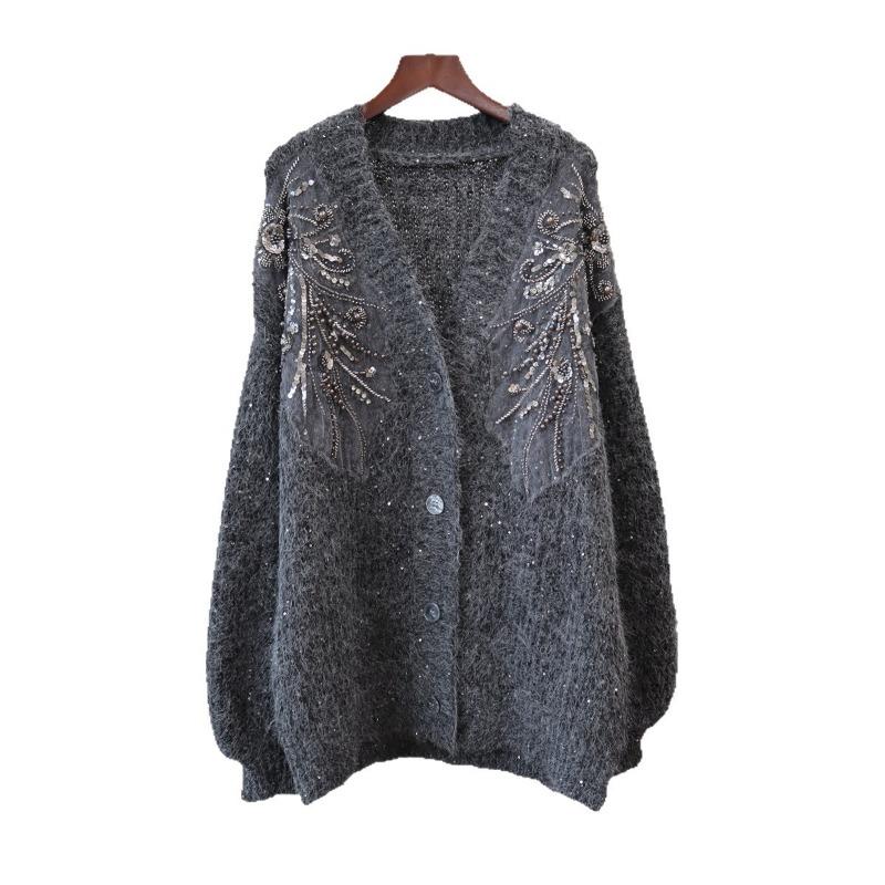 Autumn and Winter New Medium and Long Knitted Cardigan Loose Sequined Beaded Design Sweater Jacket Women