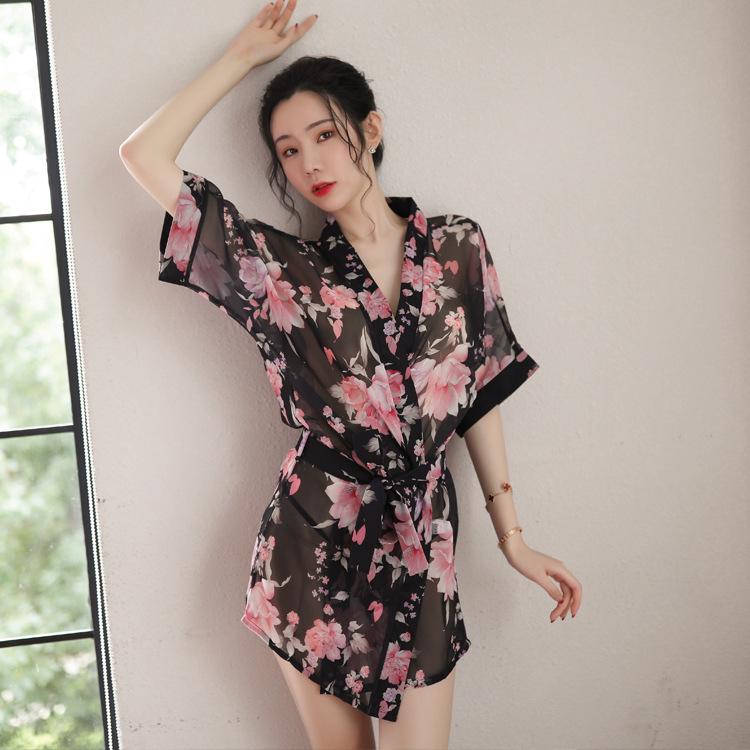 Set Sexy Kimono de Noapte din Șifon Imprimat - Lenjerie Transparentă de Inspirație Japoneză