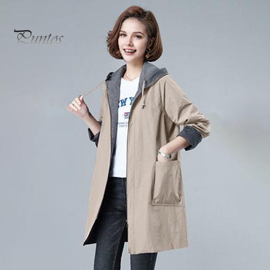 Long Length Jacket Spring Fall Women Hooded Sleeves Drawstring Plus Size Pockets Zipper Lady Closure Coat Windbreaker Mid Solid Color Big Windproof