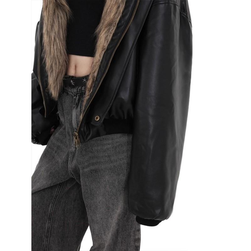 Unisex Oversize Skórzana Kurtka PU z Kapturem i Podszewką z Sztucznego Futra Norek Ciepła Zimowa Wiatroszczelna Kurtka Streetwear