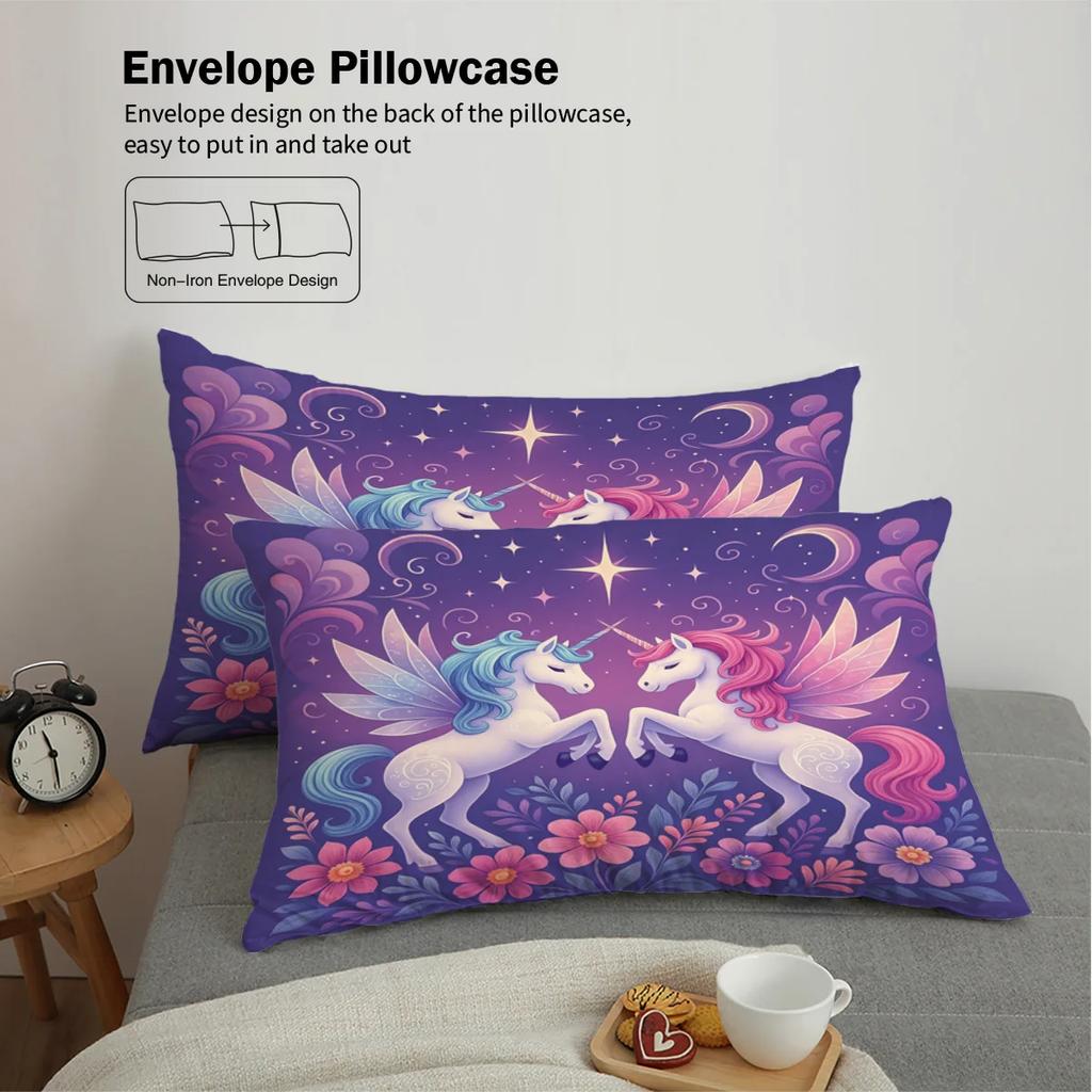 3-Piece Set Of Dreamy Unicorn Print 1 Down Duvet Cover+2 Pillowcases No Core. Soft And Comfortable Machine Washable