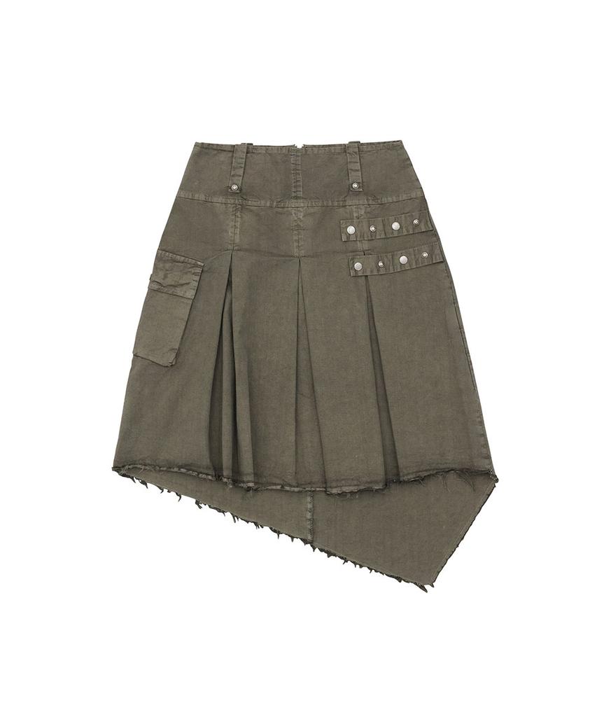 No Extra Touch Dyed Snap Stud Midi Skirt (Khaki) / 26Smsk001Kh