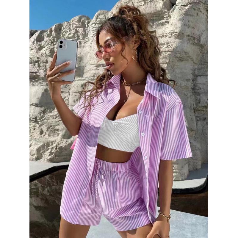 

Женский комплект из двух частей в полоску с коротким рукавом, весна/лето 2024 г. M