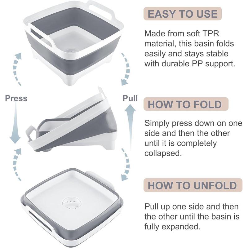 9 Liter Collapsible Plastic Vegetable Wash Basin With Drain Plug For Dish Storage, Vegetable And Fruit Washing, Chill Bucket