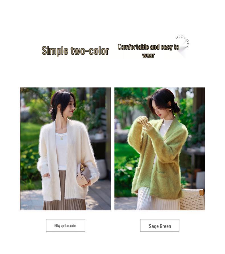Women's V-Neck Heavyweight Pure Wool Cardigan Coat - Autumn/Winter Style, Pocketed, Buttonless, Plush Long Hair, Plus Size, Mid-Length