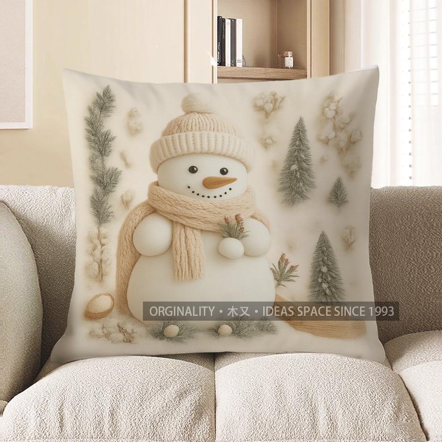 Home Decor Snowman & Trees Winter Themed Pillow Cover Pattern Cushion Cover Suitable for Sofa Bedroom Car Pillow Cover